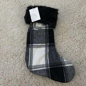 Arhaus Holiday Stocking Faux Fur Collection Black White Plaid 18” x 7”$29 NEW